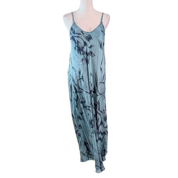 Mahina Boho Blue Botanical Print Silk Maxi Slip Dress One Size - Picture 1 of 5